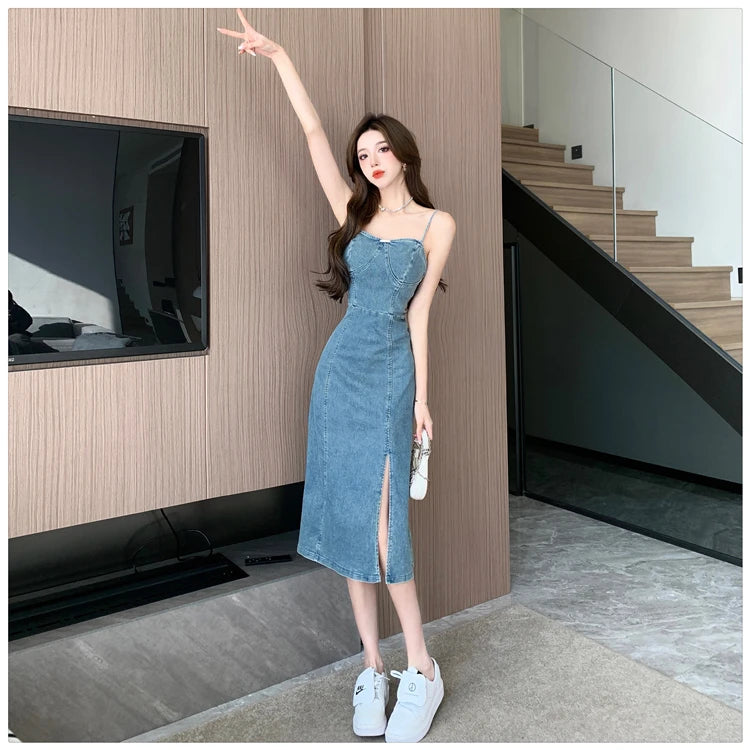 Ladies New Summer Sexy Spaghetti Strap Denim Fashion Evening Clubwear Party Dress Women Sleeveless Backless Mid Dresses