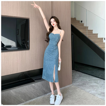 Ladies New Summer Sexy Spaghetti Strap Denim Fashion Evening Clubwear Party Dress Women Sleeveless Backless Mid Dresses