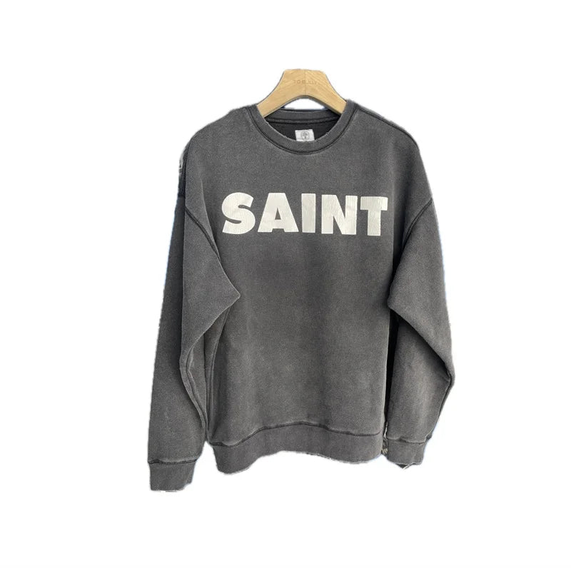 Casual Men Women Cracked Letters Printing Best Quality Saint Sweatshirt Vintage Washed Black Loose Cotton Long Sleeve Pullover