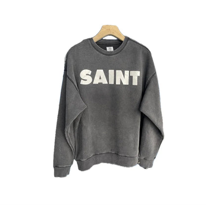 Casual Men Women Cracked Letters Printing Best Quality Saint Sweatshirt Vintage Washed Black Loose Cotton Long Sleeve Pullover