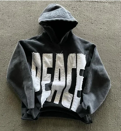 Gothic Retro Embroidery Pattern Black And Gray Stitching Oversized Hoodie Men's Y2K New Harajuku Hip-hop Sweatshirt Street Wear