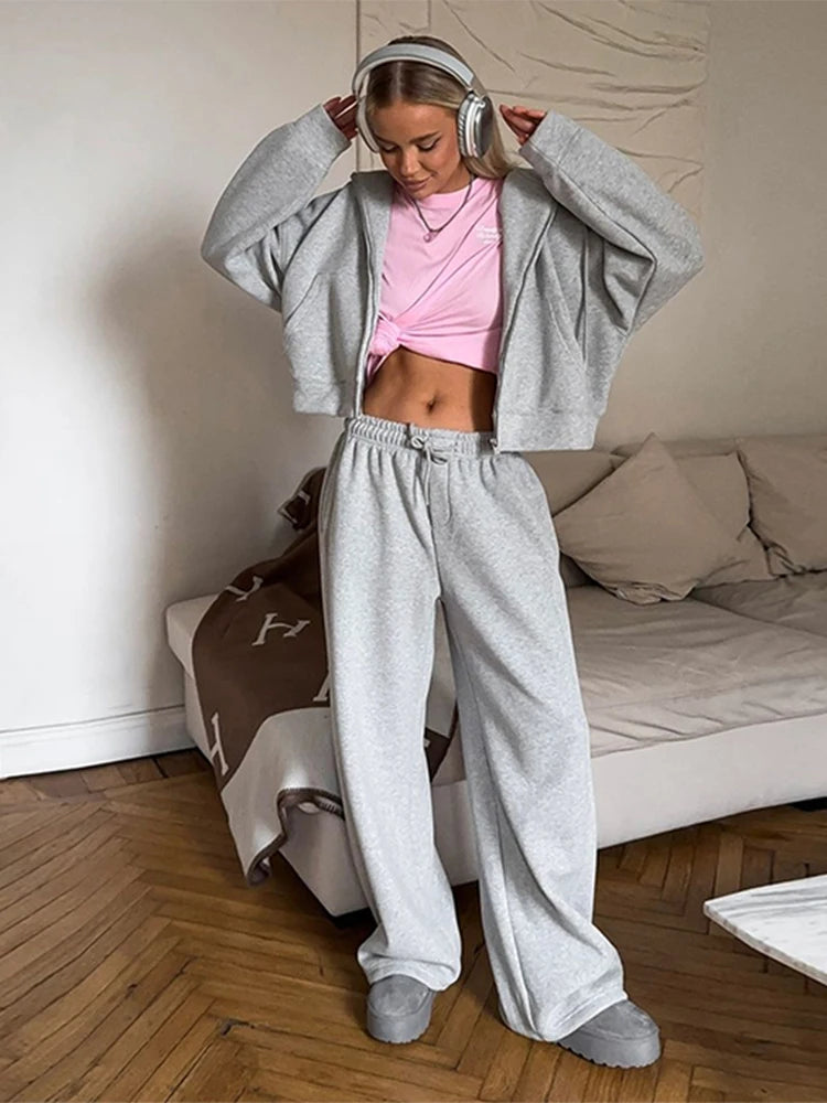 Casual Women's Tracksuit With Hat Zipper Full Sleeve Coat Loose Pants Solid Two Pieces Female Sets 2025 Autumn Sport Lady Suit