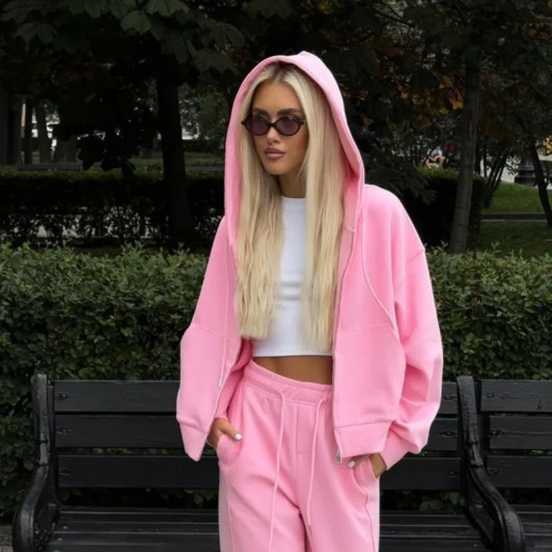 Casual Women's Tracksuit With Hat Zipper Full Sleeve Coat Loose Pants Solid Two Pieces Female Sets 2025 Autumn Sport Lady Suit