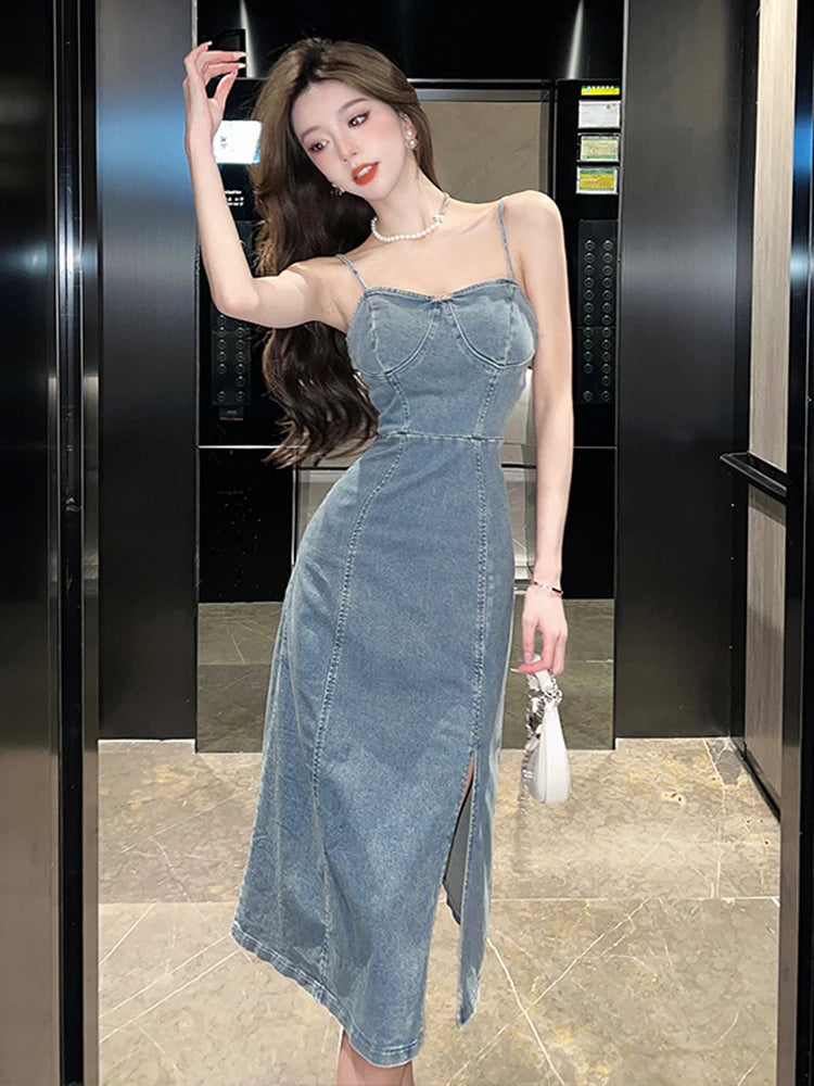 Ladies New Summer Sexy Spaghetti Strap Denim Fashion Evening Clubwear Party Dress Women Sleeveless Backless Mid Dresses