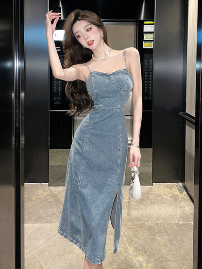 Ladies New Summer Sexy Spaghetti Strap Denim Fashion Evening Clubwear Party Dress Women Sleeveless Backless Mid Dresses