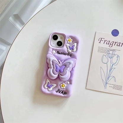 Lovely 3D Butterfly Folding Stand Bracket Phone Case For iPhone 16 Pro Max 13 14 15 11 12 X XR XS Max Soft Silicone Back Cover