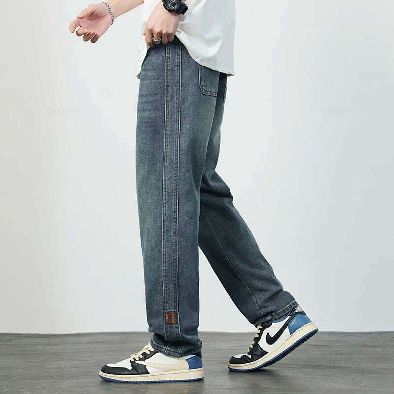 High Quality Cozy Cotton Fabric Men's Jeans Straight Denim Pants High Street Streetwear Korea Retro Blue Trousers Dropshipping