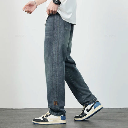 High Quality Cozy Cotton Fabric Men's Jeans Straight Denim Pants High Street Streetwear Korea Retro Blue Trousers Dropshipping
