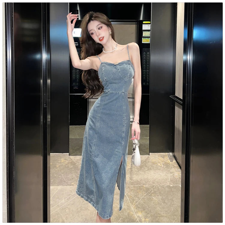 Ladies New Summer Sexy Spaghetti Strap Denim Fashion Evening Clubwear Party Dress Women Sleeveless Backless Mid Dresses
