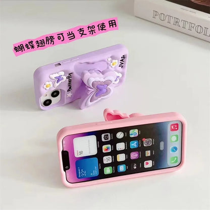 Lovely 3D Butterfly Folding Stand Bracket Phone Case For iPhone 16 Pro Max 13 14 15 11 12 X XR XS Max Soft Silicone Back Cover