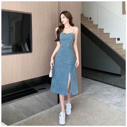 Ladies New Summer Sexy Spaghetti Strap Denim Fashion Evening Clubwear Party Dress Women Sleeveless Backless Mid Dresses