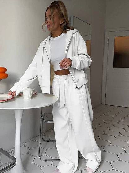 Casual Women's Tracksuit With Hat Zipper Full Sleeve Coat Loose Pants Solid Two Pieces Female Sets 2025 Autumn Sport Lady Suit