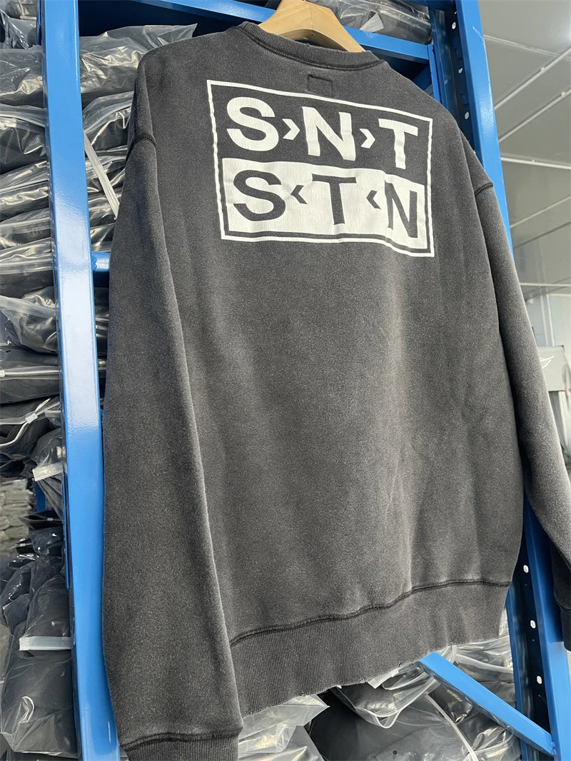 Casual Men Women Cracked Letters Printing Best Quality Saint Sweatshirt Vintage Washed Black Loose Cotton Long Sleeve Pullover
