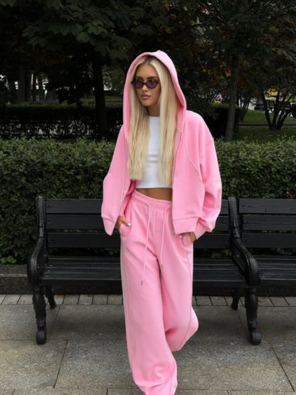 Casual Women's Tracksuit With Hat Zipper Full Sleeve Coat Loose Pants Solid Two Pieces Female Sets 2025 Autumn Sport Lady Suit