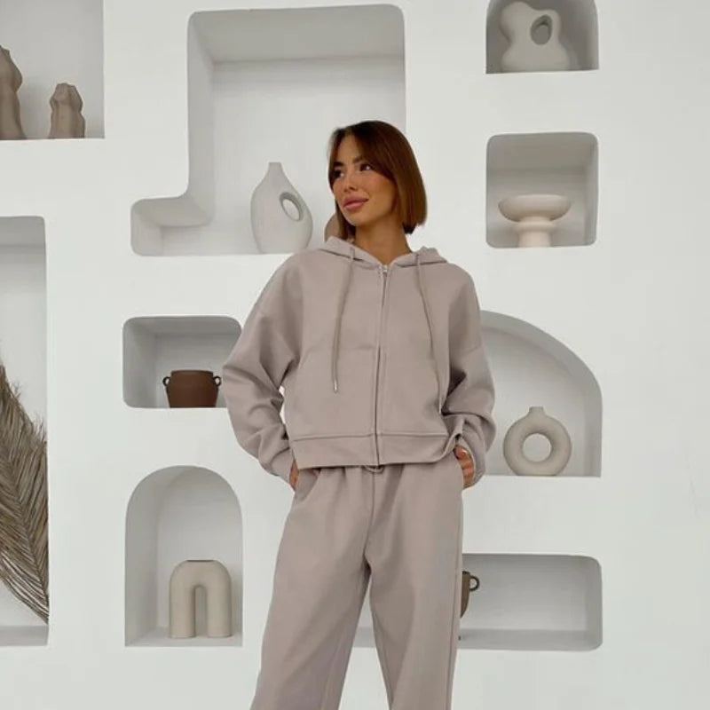 Casual Women's Tracksuit With Hat Zipper Full Sleeve Coat Loose Pants Solid Two Pieces Female Sets 2025 Autumn Sport Lady Suit