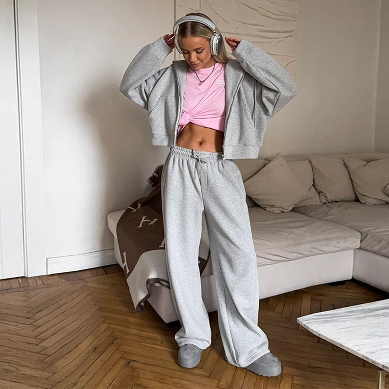 Casual Women's Tracksuit With Hat Zipper Full Sleeve Coat Loose Pants Solid Two Pieces Female Sets 2025 Autumn Sport Lady Suit