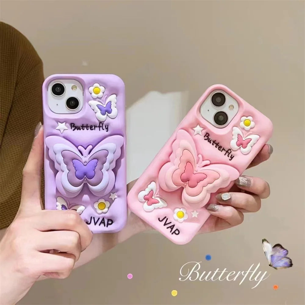 Lovely 3D Butterfly Folding Stand Bracket Phone Case For iPhone 16 Pro Max 13 14 15 11 12 X XR XS Max Soft Silicone Back Cover