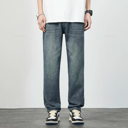 High Quality Cozy Cotton Fabric Men's Jeans Straight Denim Pants High Street Streetwear Korea Retro Blue Trousers Dropshipping