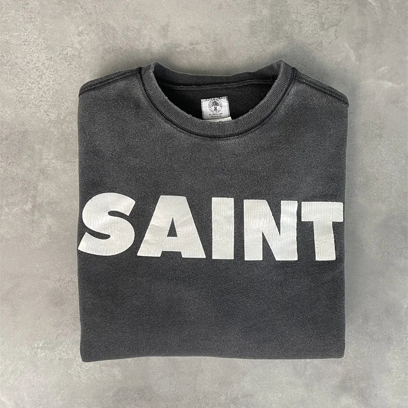 Casual Men Women Cracked Letters Printing Best Quality Saint Sweatshirt Vintage Washed Black Loose Cotton Long Sleeve Pullover