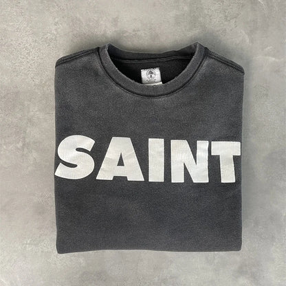 Casual Men Women Cracked Letters Printing Best Quality Saint Sweatshirt Vintage Washed Black Loose Cotton Long Sleeve Pullover