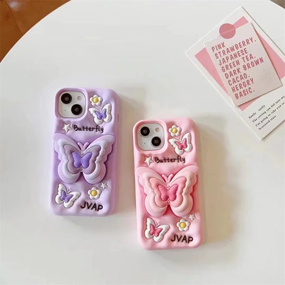 Lovely 3D Butterfly Folding Stand Bracket Phone Case For iPhone 16 Pro Max 13 14 15 11 12 X XR XS Max Soft Silicone Back Cover