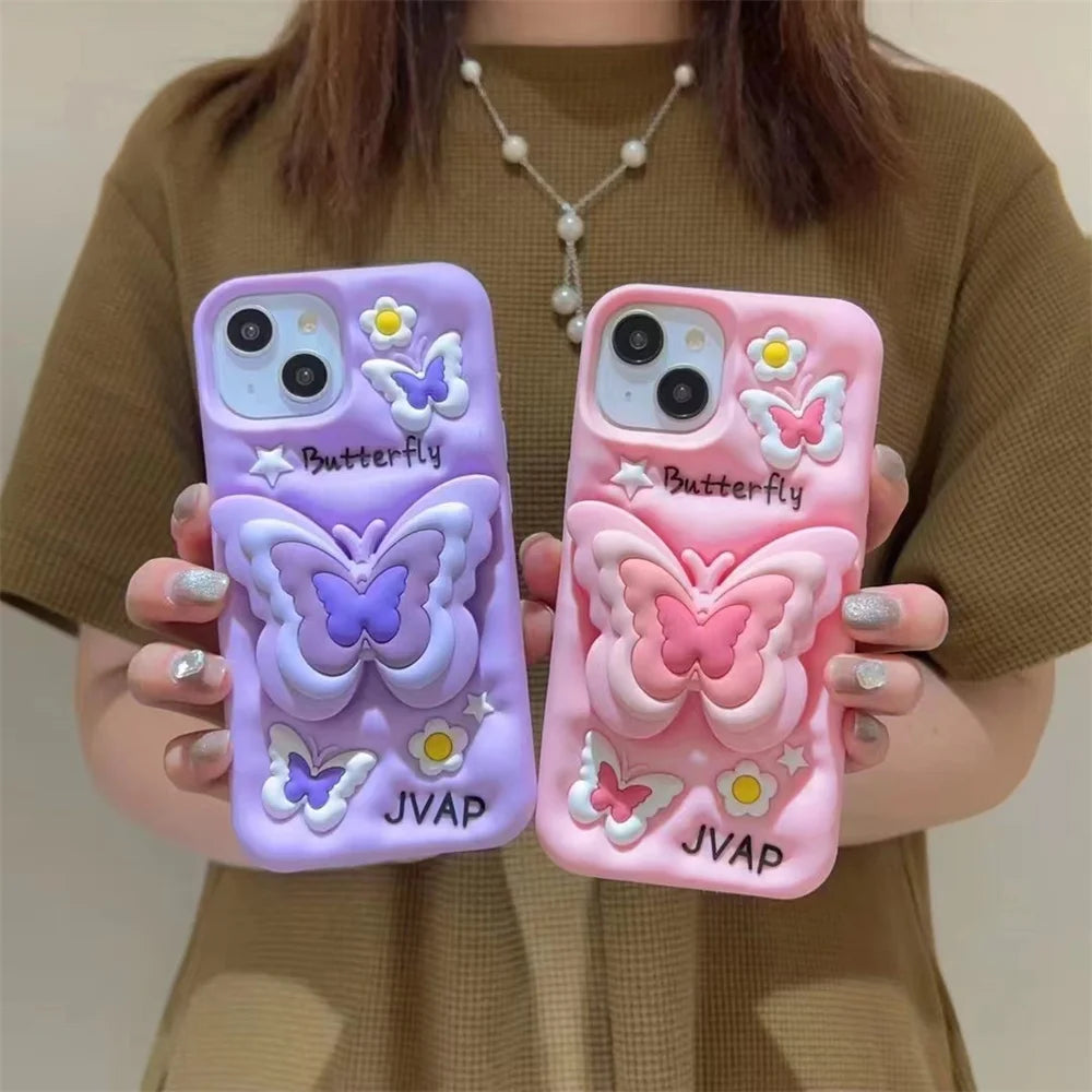 Lovely 3D Butterfly Folding Stand Bracket Phone Case For iPhone 16 Pro Max 13 14 15 11 12 X XR XS Max Soft Silicone Back Cover