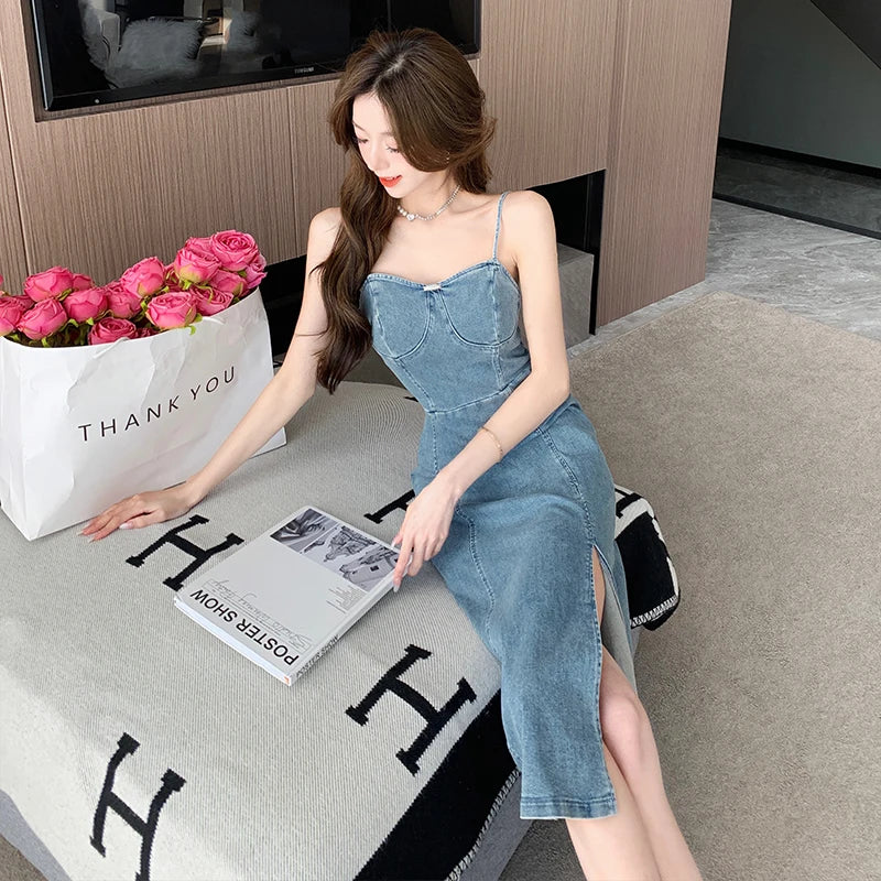 Ladies New Summer Sexy Spaghetti Strap Denim Fashion Evening Clubwear Party Dress Women Sleeveless Backless Mid Dresses