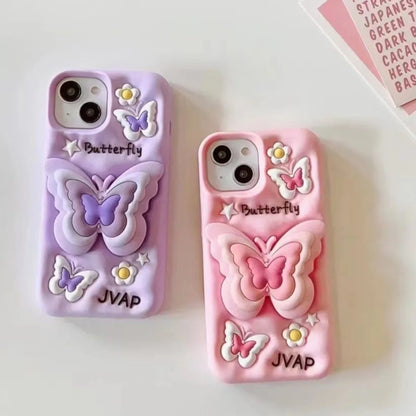 Lovely 3D Butterfly Folding Stand Bracket Phone Case For iPhone 16 Pro Max 13 14 15 11 12 X XR XS Max Soft Silicone Back Cover