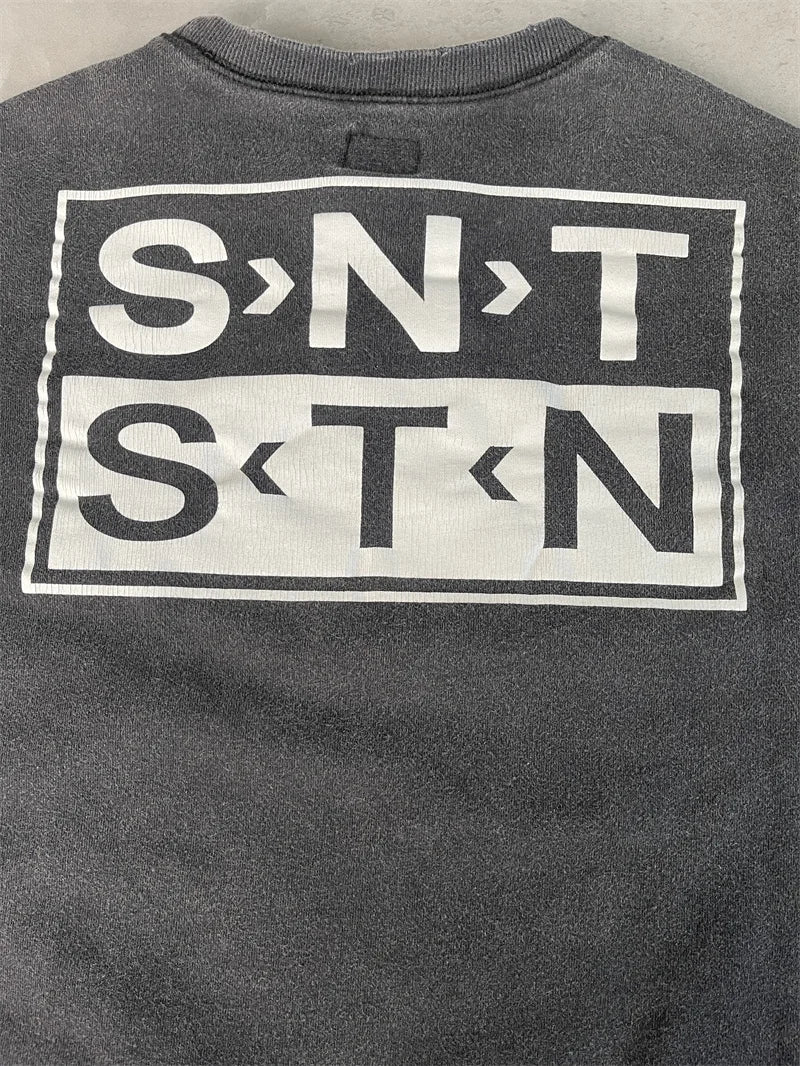 Casual Men Women Cracked Letters Printing Best Quality Saint Sweatshirt Vintage Washed Black Loose Cotton Long Sleeve Pullover