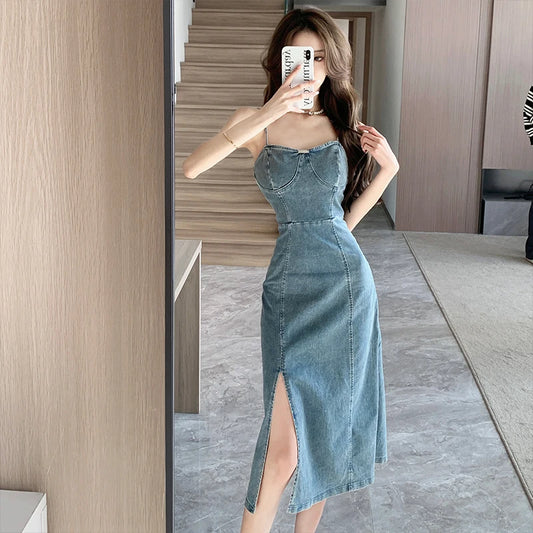 Ladies New Summer Sexy Spaghetti Strap Denim Fashion Evening Clubwear Party Dress Women Sleeveless Backless Mid Dresses