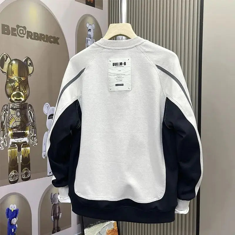 Men Clothing Trendy Contrast Color Patchwork All Match Sweatshirt Streetwear Y2K Casual Hoodie Round Neck Long Sleeve Loose Tops