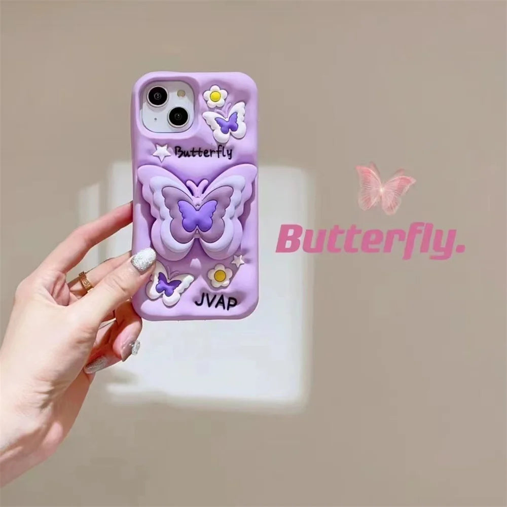 Lovely 3D Butterfly Folding Stand Bracket Phone Case For iPhone 16 Pro Max 13 14 15 11 12 X XR XS Max Soft Silicone Back Cover