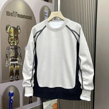 Men Clothing Trendy Contrast Color Patchwork All Match Sweatshirt Streetwear Y2K Casual Hoodie Round Neck Long Sleeve Loose Tops