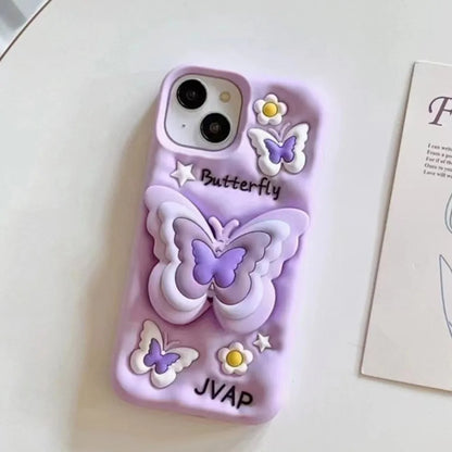 Lovely 3D Butterfly Folding Stand Bracket Phone Case For iPhone 16 Pro Max 13 14 15 11 12 X XR XS Max Soft Silicone Back Cover