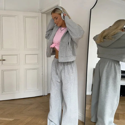 Casual Women's Tracksuit With Hat Zipper Full Sleeve Coat Loose Pants Solid Two Pieces Female Sets 2025 Autumn Sport Lady Suit