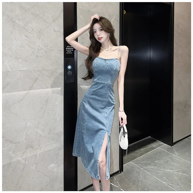 Ladies New Summer Sexy Spaghetti Strap Denim Fashion Evening Clubwear Party Dress Women Sleeveless Backless Mid Dresses