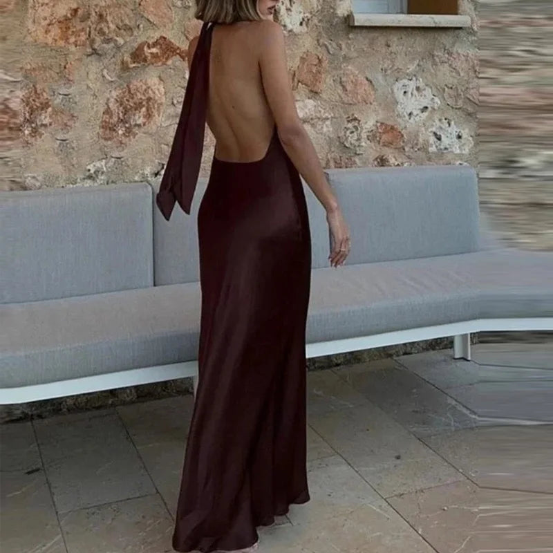 TRAF Halter Satin Tied Backless