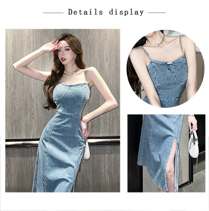 Ladies New Summer Sexy Spaghetti Strap Denim Fashion Evening Clubwear Party Dress Women Sleeveless Backless Mid Dresses