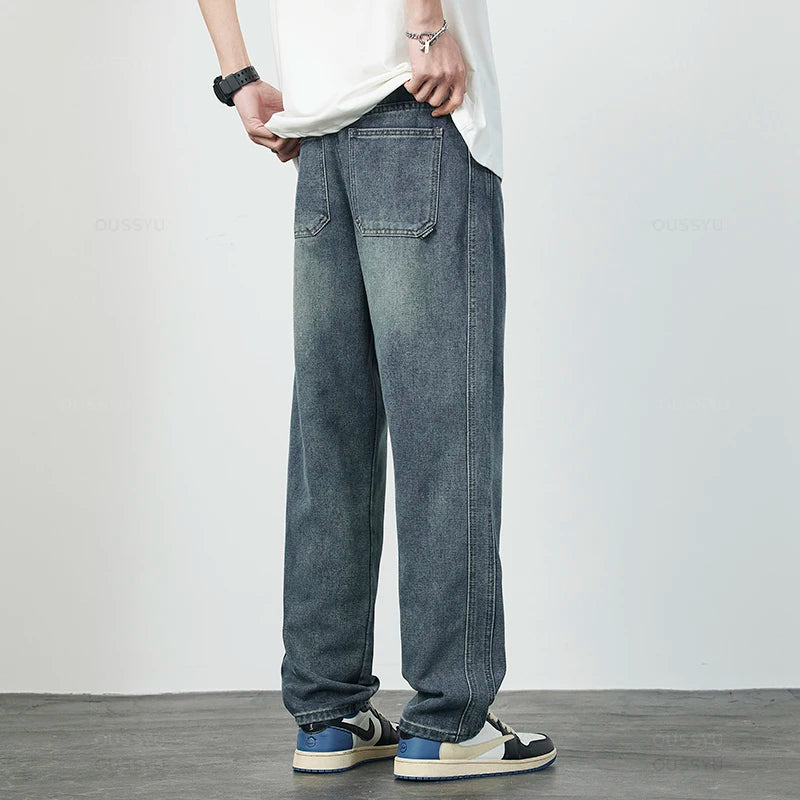 High Quality Cozy Cotton Fabric Men's Jeans Straight Denim Pants High Street Streetwear Korea Retro Blue Trousers Dropshipping