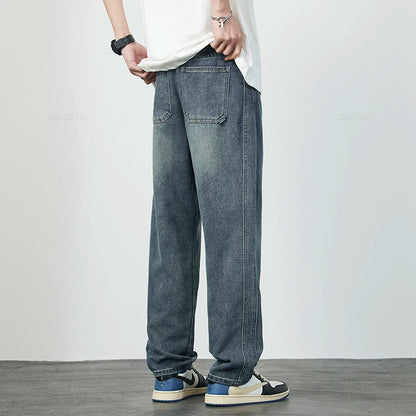 High Quality Cozy Cotton Fabric Men's Jeans Straight Denim Pants High Street Streetwear Korea Retro Blue Trousers Dropshipping