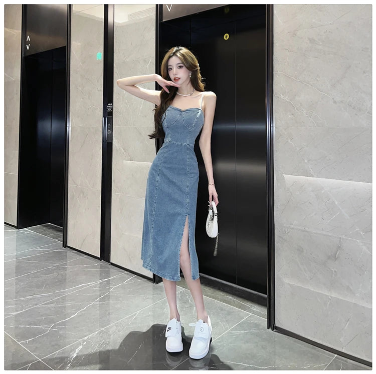 Ladies New Summer Sexy Spaghetti Strap Denim Fashion Evening Clubwear Party Dress Women Sleeveless Backless Mid Dresses