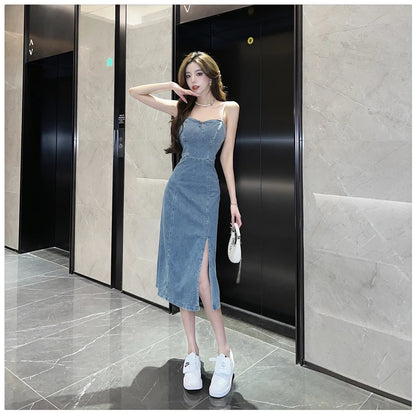 Ladies New Summer Sexy Spaghetti Strap Denim Fashion Evening Clubwear Party Dress Women Sleeveless Backless Mid Dresses
