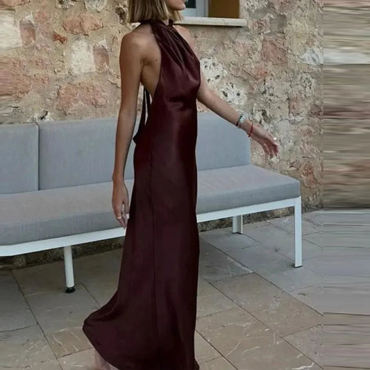 TRAF Halter Satin Tied Backless