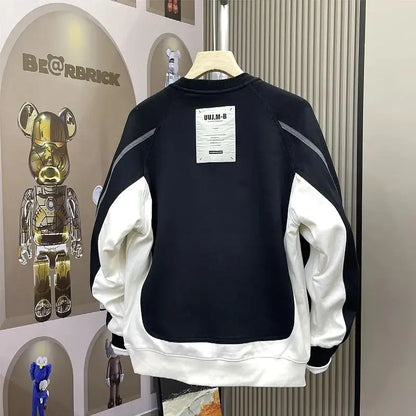 Men Clothing Trendy Contrast Color Patchwork All Match Sweatshirt Streetwear Y2K Casual Hoodie Round Neck Long Sleeve Loose Tops