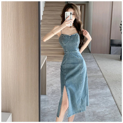 Ladies New Summer Sexy Spaghetti Strap Denim Fashion Evening Clubwear Party Dress Women Sleeveless Backless Mid Dresses