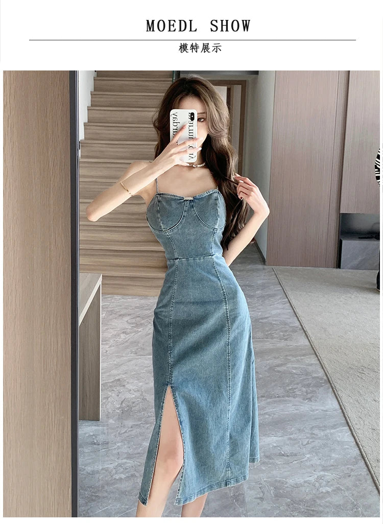 Ladies New Summer Sexy Spaghetti Strap Denim Fashion Evening Clubwear Party Dress Women Sleeveless Backless Mid Dresses