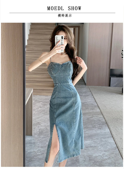 Ladies New Summer Sexy Spaghetti Strap Denim Fashion Evening Clubwear Party Dress Women Sleeveless Backless Mid Dresses