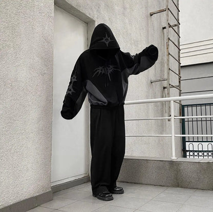 Gothic Retro Embroidery Pattern Black And Gray Stitching Oversized Hoodie Men's Y2K New Harajuku Hip-hop Sweatshirt Street Wear