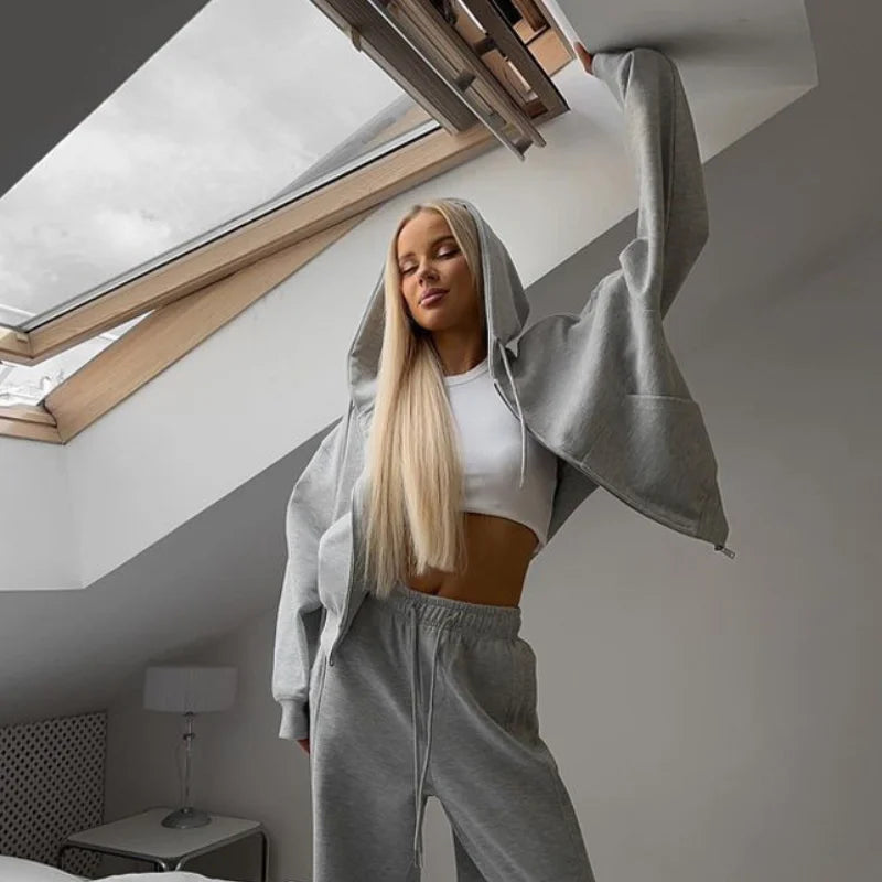 Casual Women's Tracksuit With Hat Zipper Full Sleeve Coat Loose Pants Solid Two Pieces Female Sets 2025 Autumn Sport Lady Suit