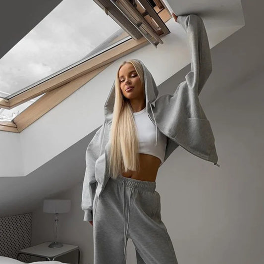 Casual Women's Tracksuit With Hat Zipper Full Sleeve Coat Loose Pants Solid Two Pieces Female Sets 2025 Autumn Sport Lady Suit